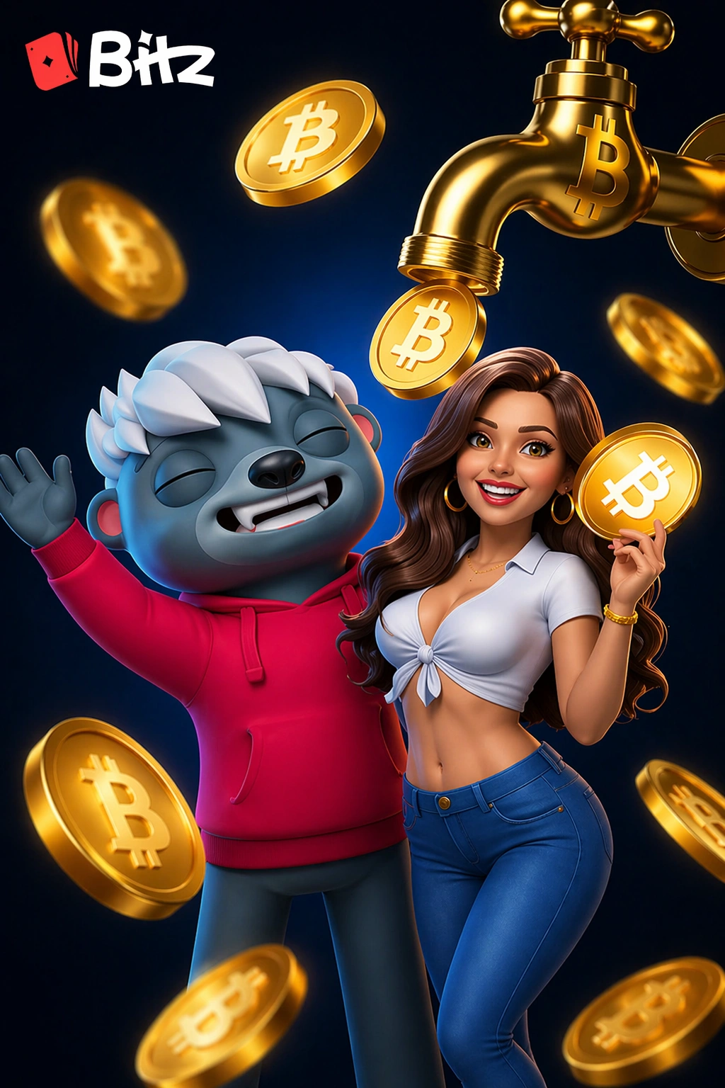 Маскот Bitz і жінка, яка тримає монету біткойн, з криптовалютними монетами, що літають, та «краном» на темному тлі